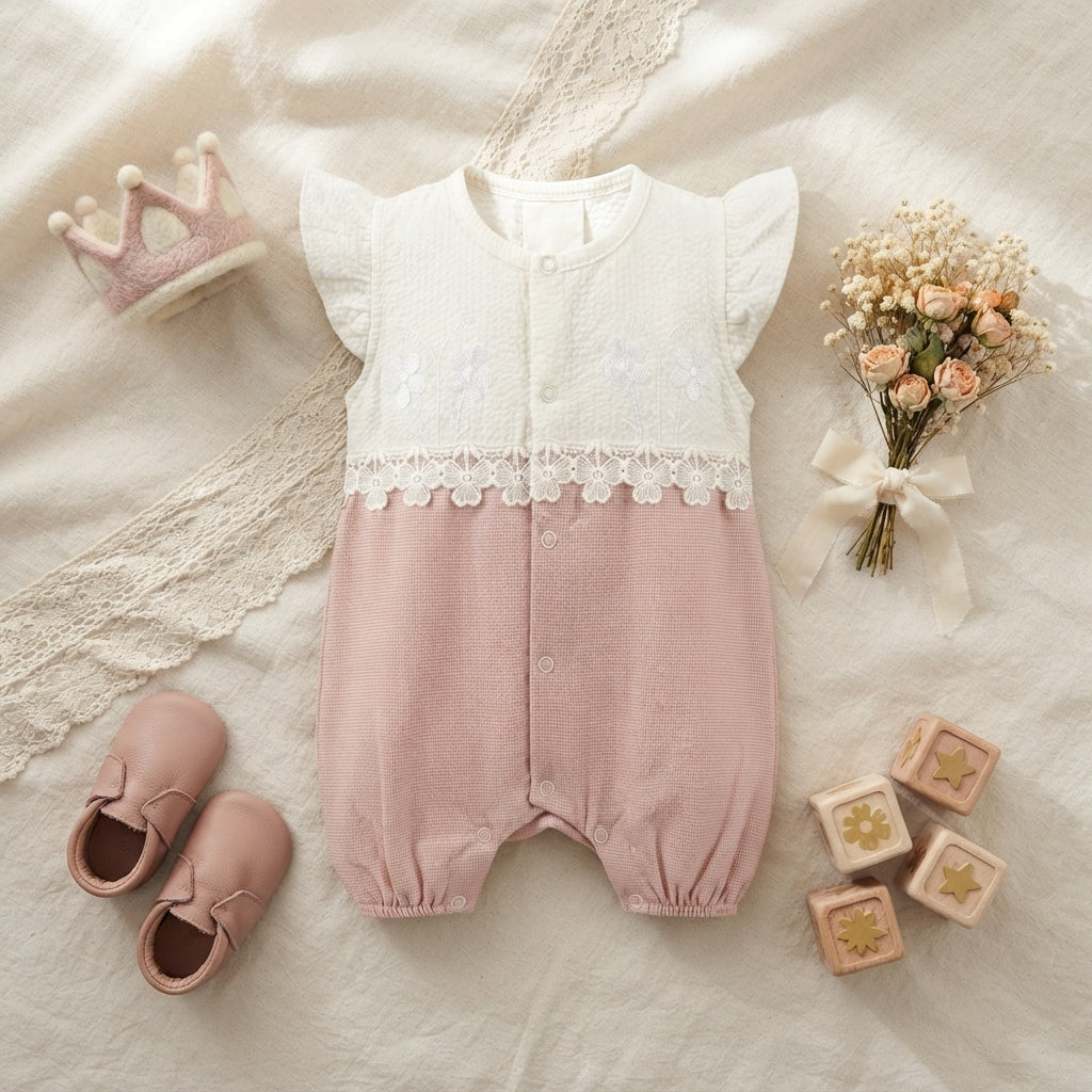 BABY GIRL LACE TRIM & FLORAL EMBROIDERY ROMPER