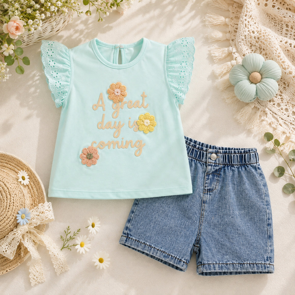 MINT GREEN "A GREAT DAY IS COMING" AND DENIM SHORTS BABY GIRL OUTFIT