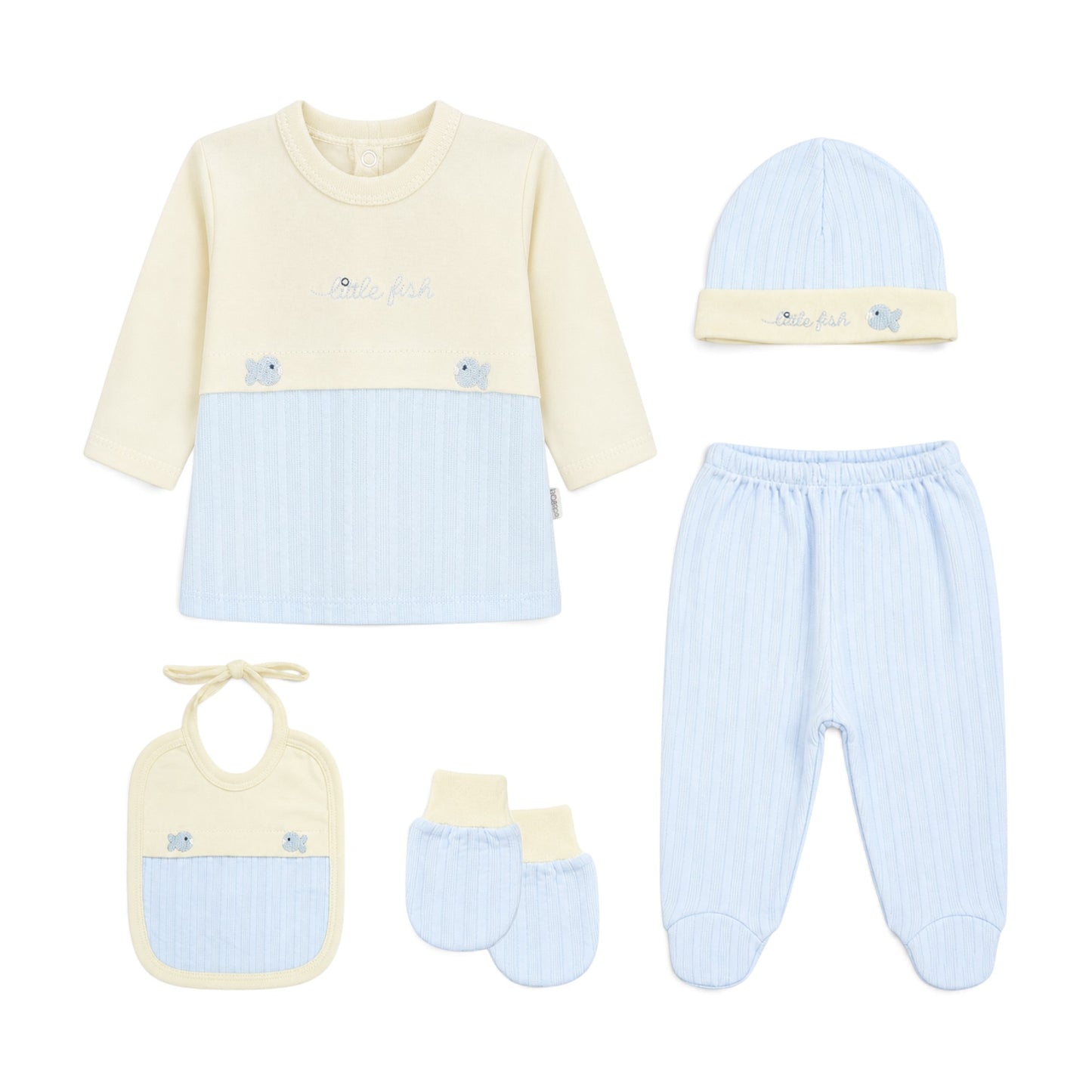 CREAM AND LIGHT BLUE "LITTLE FISH" BABY BOY GIFT SET