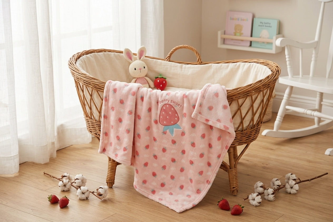 PINK STRAWBERRY PRINT WITH RIBBON BOW BLANKET