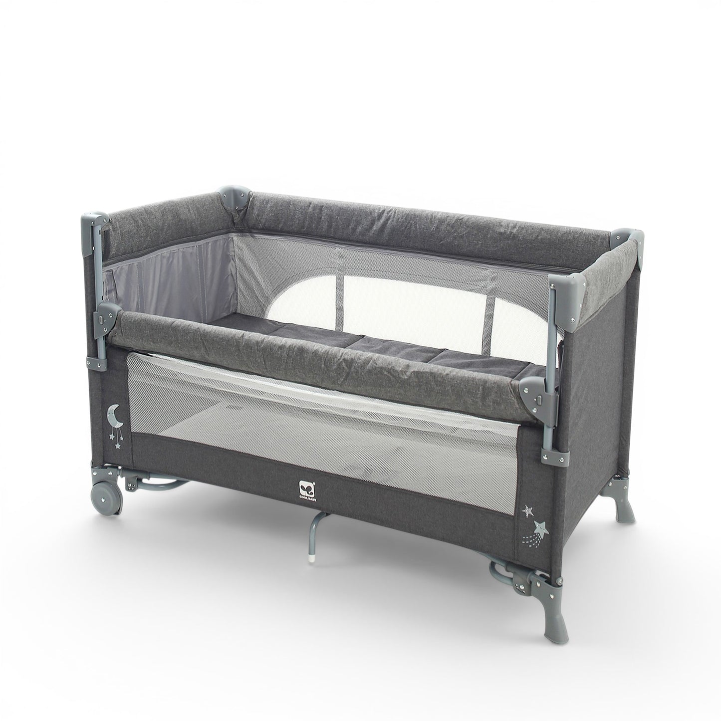 PLAY PEN GREY PORTABLE WITH WHEELS AND CARRYING BAG