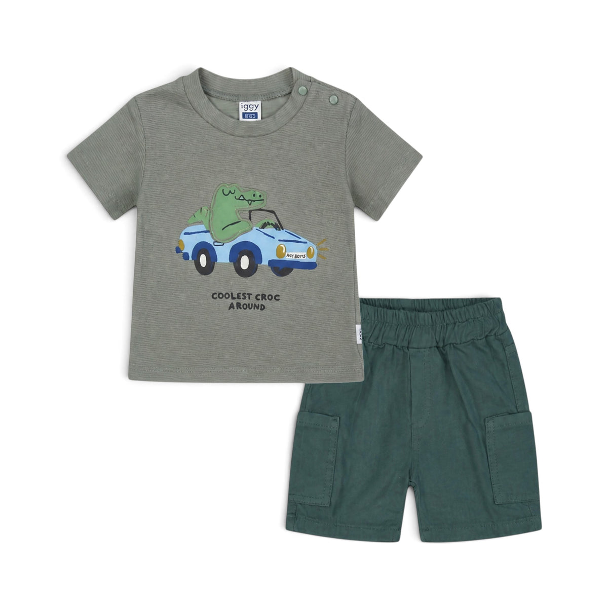 SAGE GREEN "COOLEST CROC AROUND" SHIRT AND SHORTS BABY BOY OUTFIT