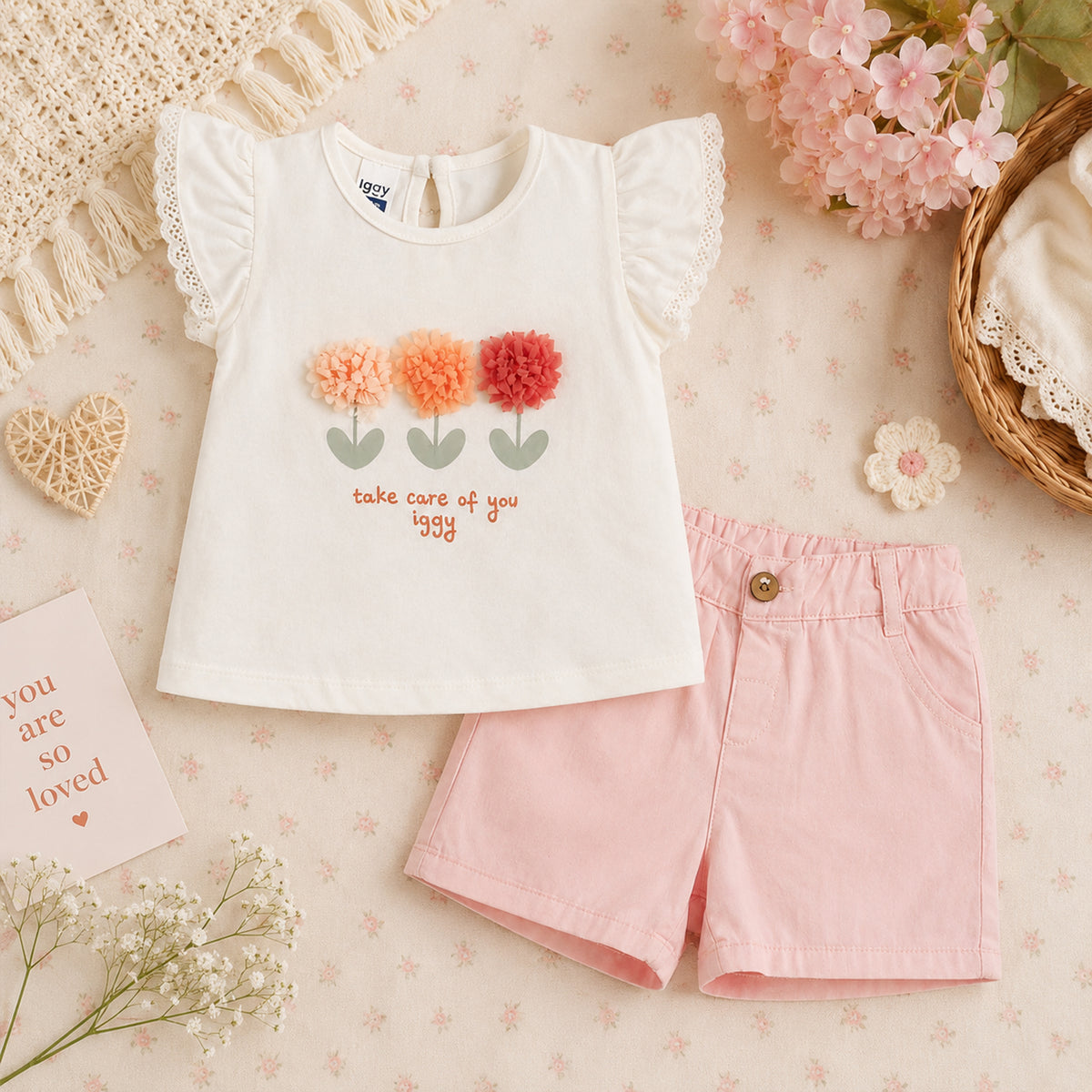 WHITE "TAKE CARE OF YOU IGGY" AND PINK SHORTS BABY GIRL OUTFIT