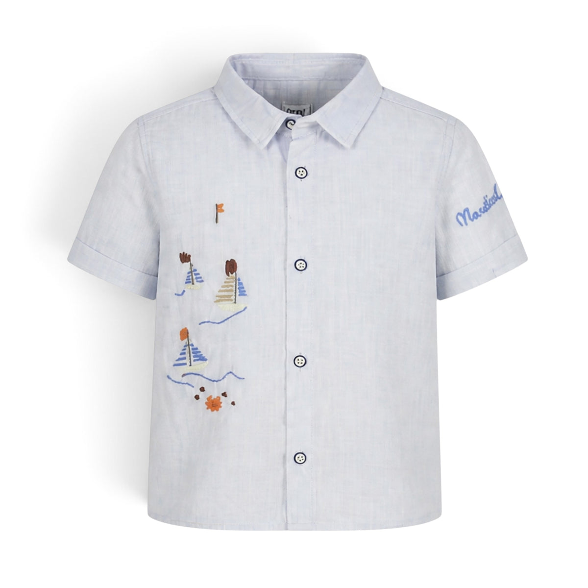 WHITE SAILBOAT EMBROIDERED SHIRT AND BLUE SHORTS BABY BOY OUTFIT