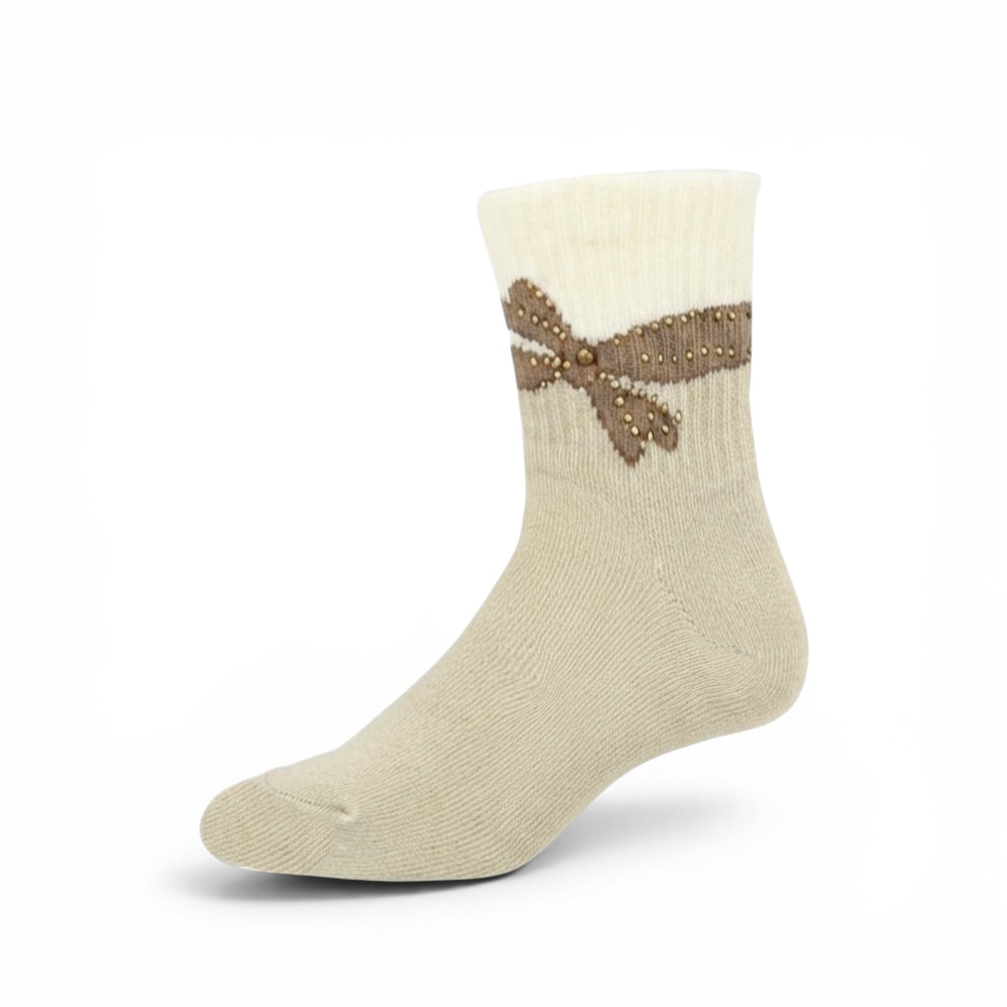 BEIGE AND WHITE BOW GIRL SOCKS