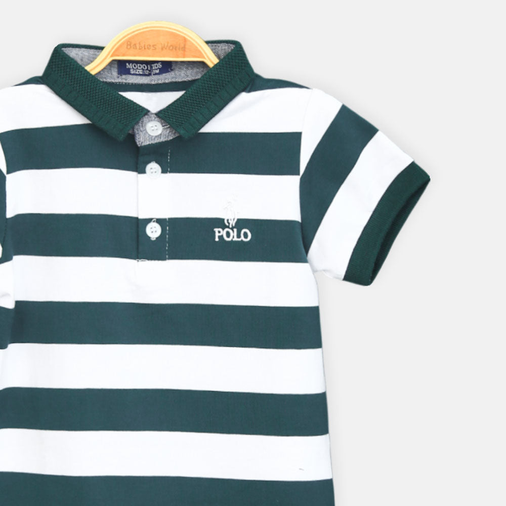Boy T-shirt Polo Green/White Stripes
