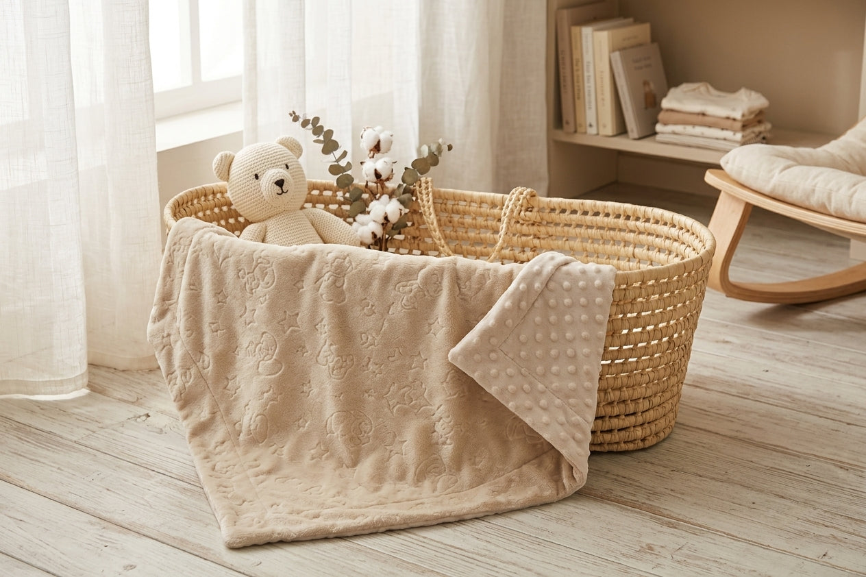 BEIGE EMBOSSED TEDDY BEAR & STAR BLANKET