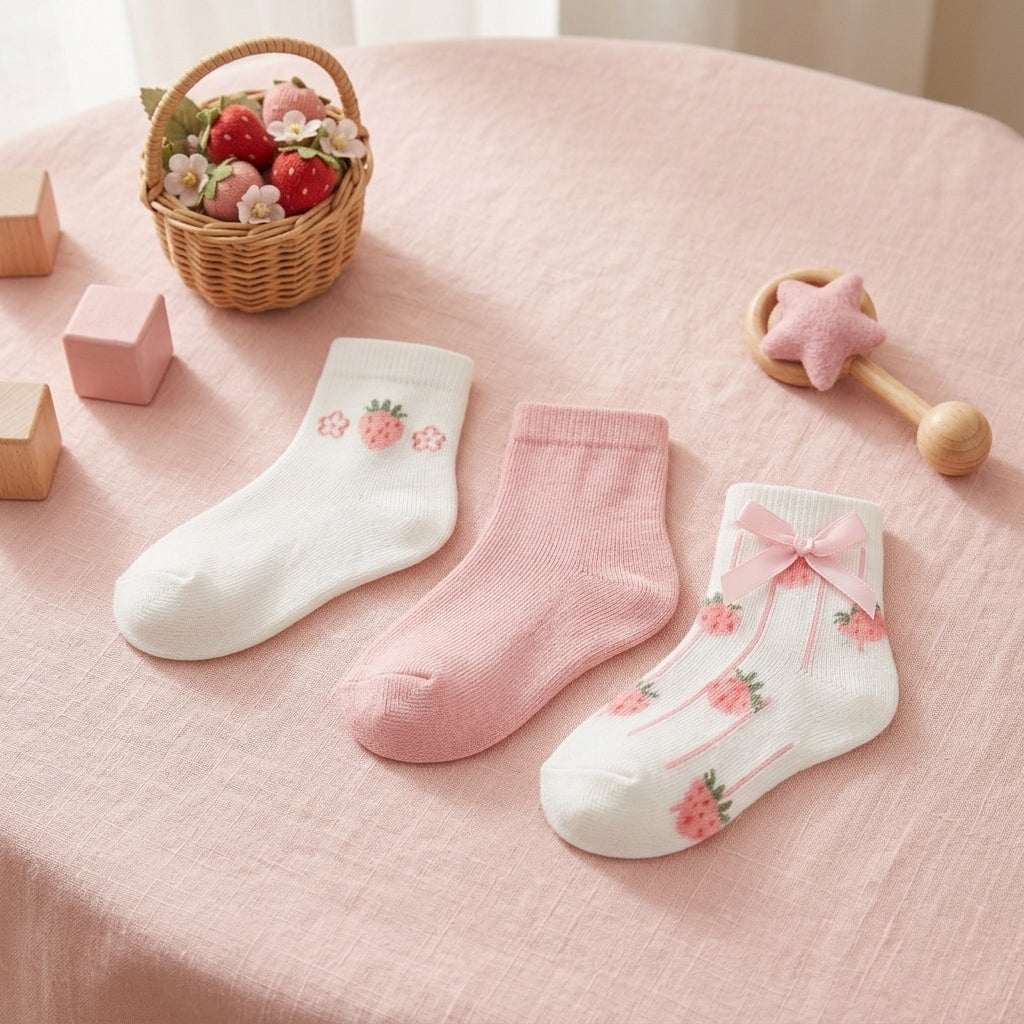MILLIE & TILLIS STRAWBERRY PRINT GIRL SOCKS PK-3