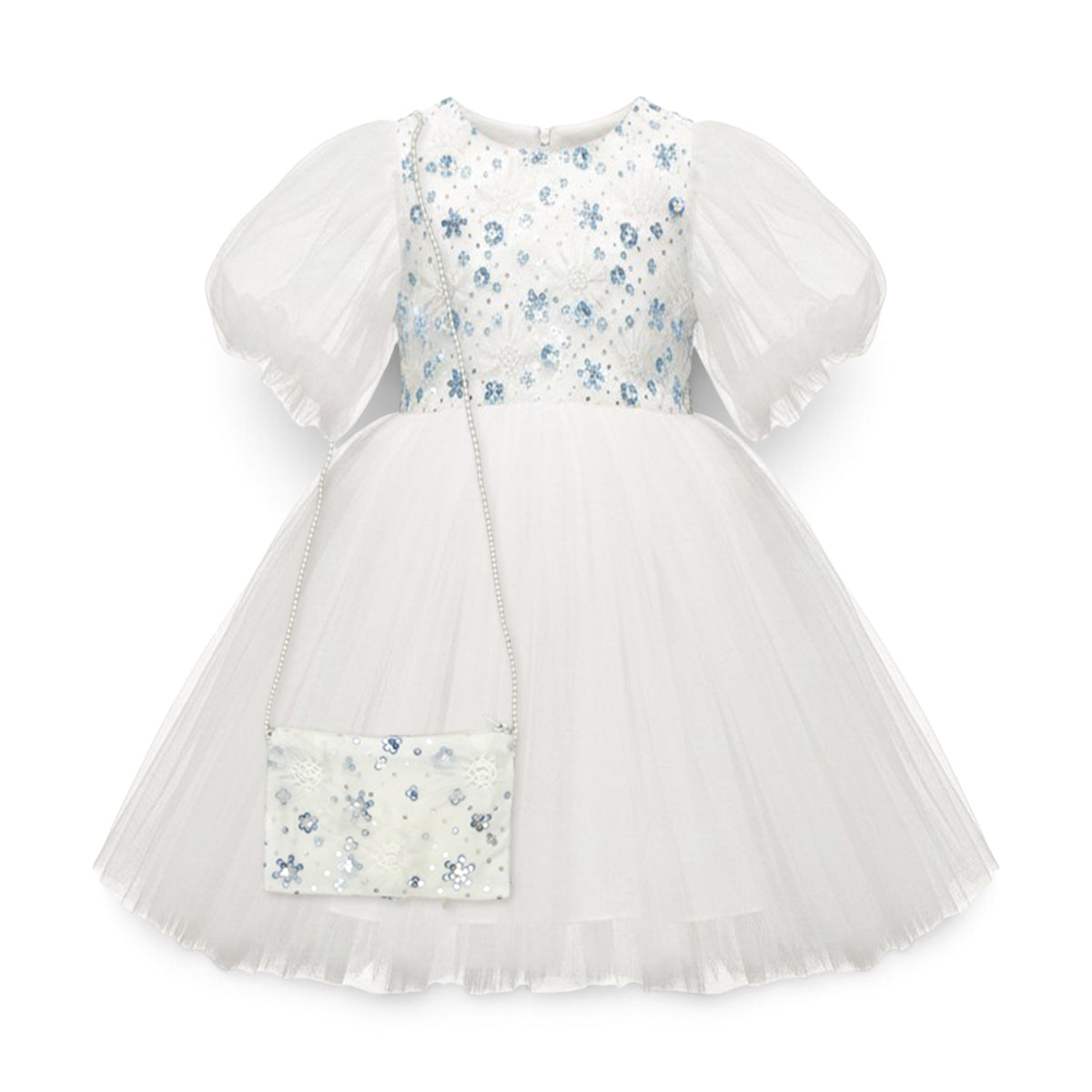 BABY GIRL WHITE PARTY DRESS WITH MATCHING EMBELLISHED BAG