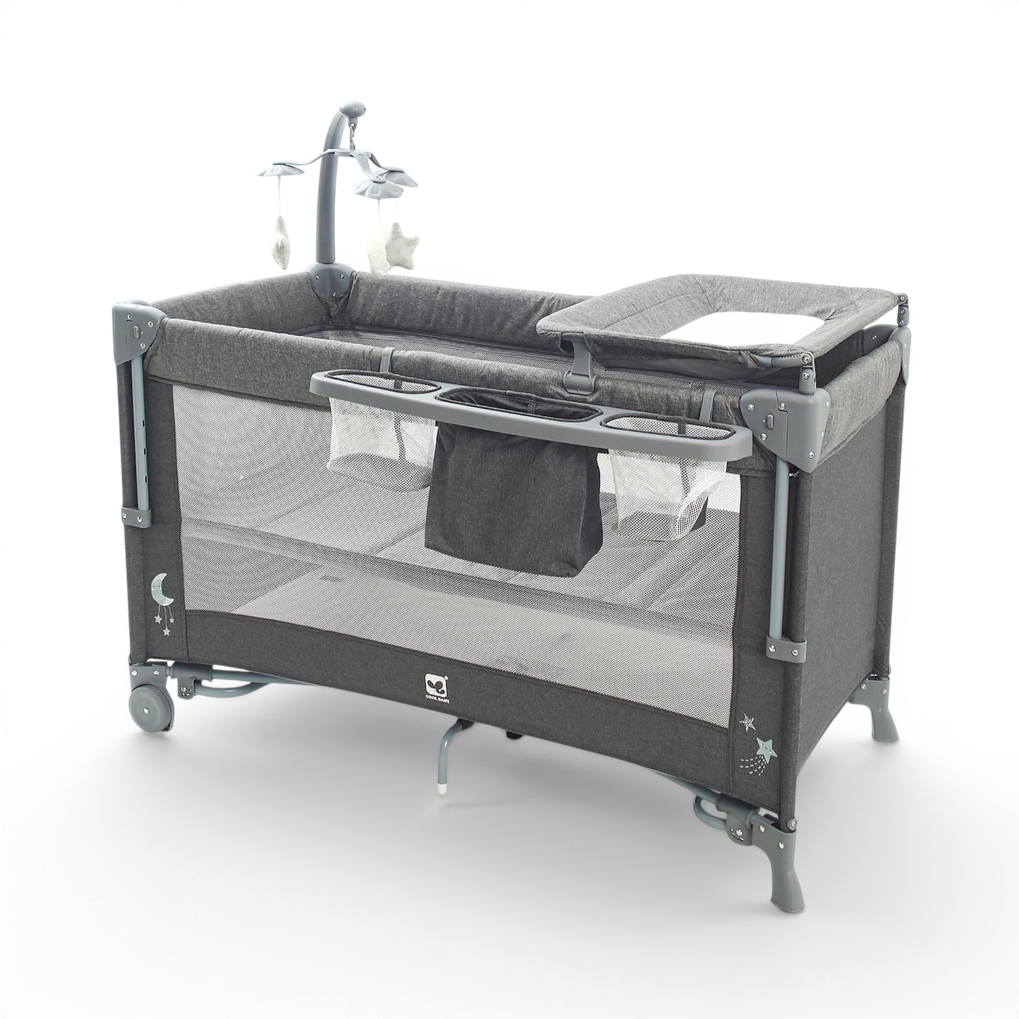 PLAY PEN GREY PORTABLE WITH WHEELS AND CARRYING BAG
