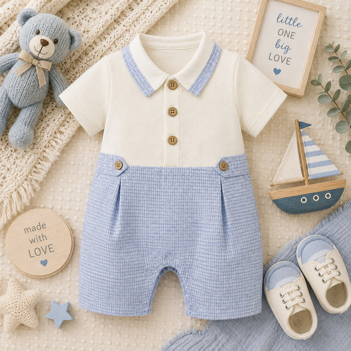 WHITE & BLUE CHECKED COLLARED ROMPER