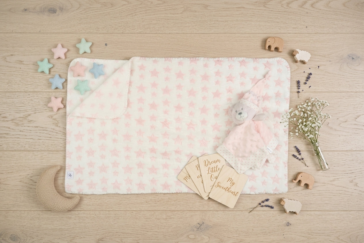 LIGHT PINK STAR PRINT WITH MATCHING PLUSH TOY BLANKET