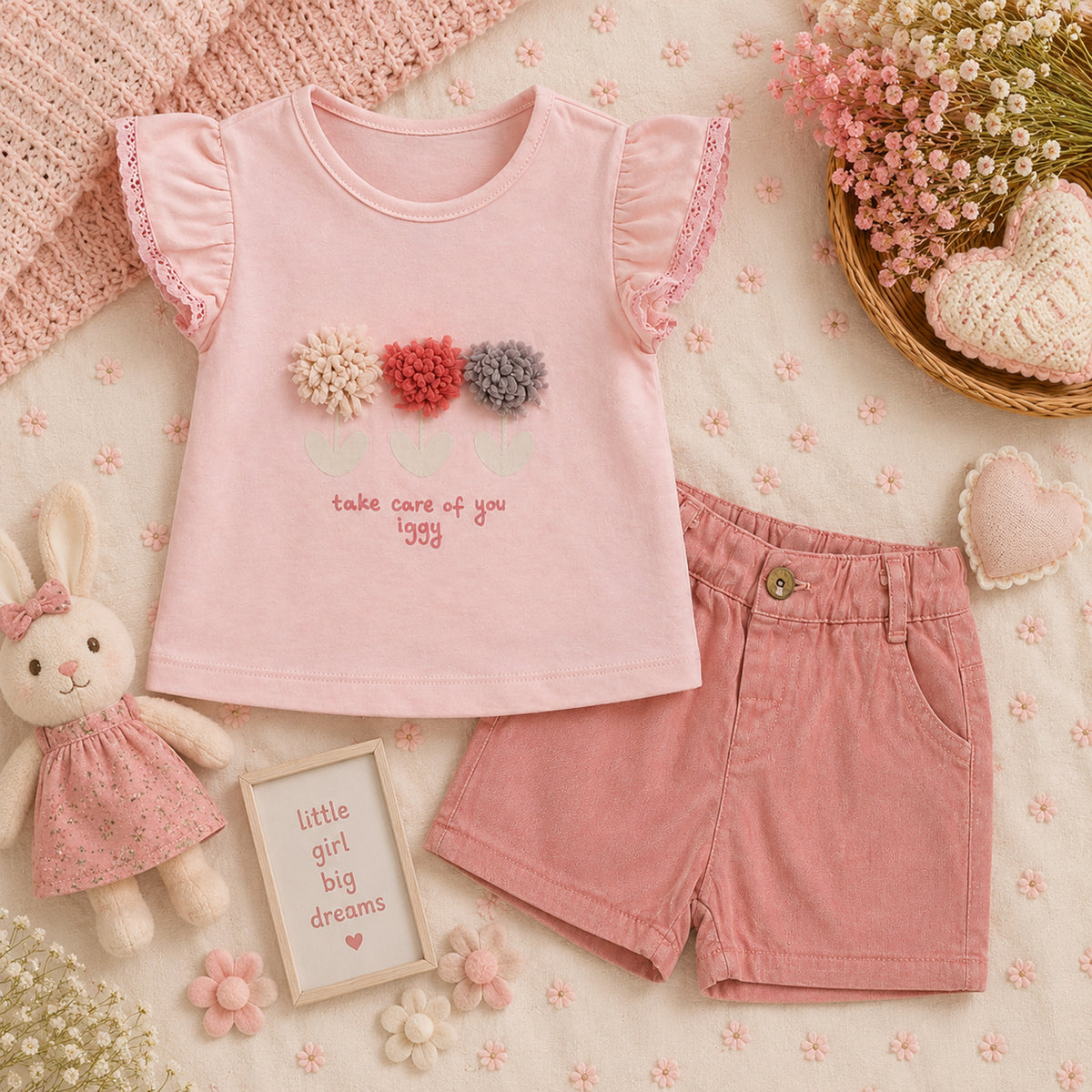 PINK ANCHOR "PETITE IGGY EN MER" AND DENIM SHORTS BABY GIRL OUTFIT