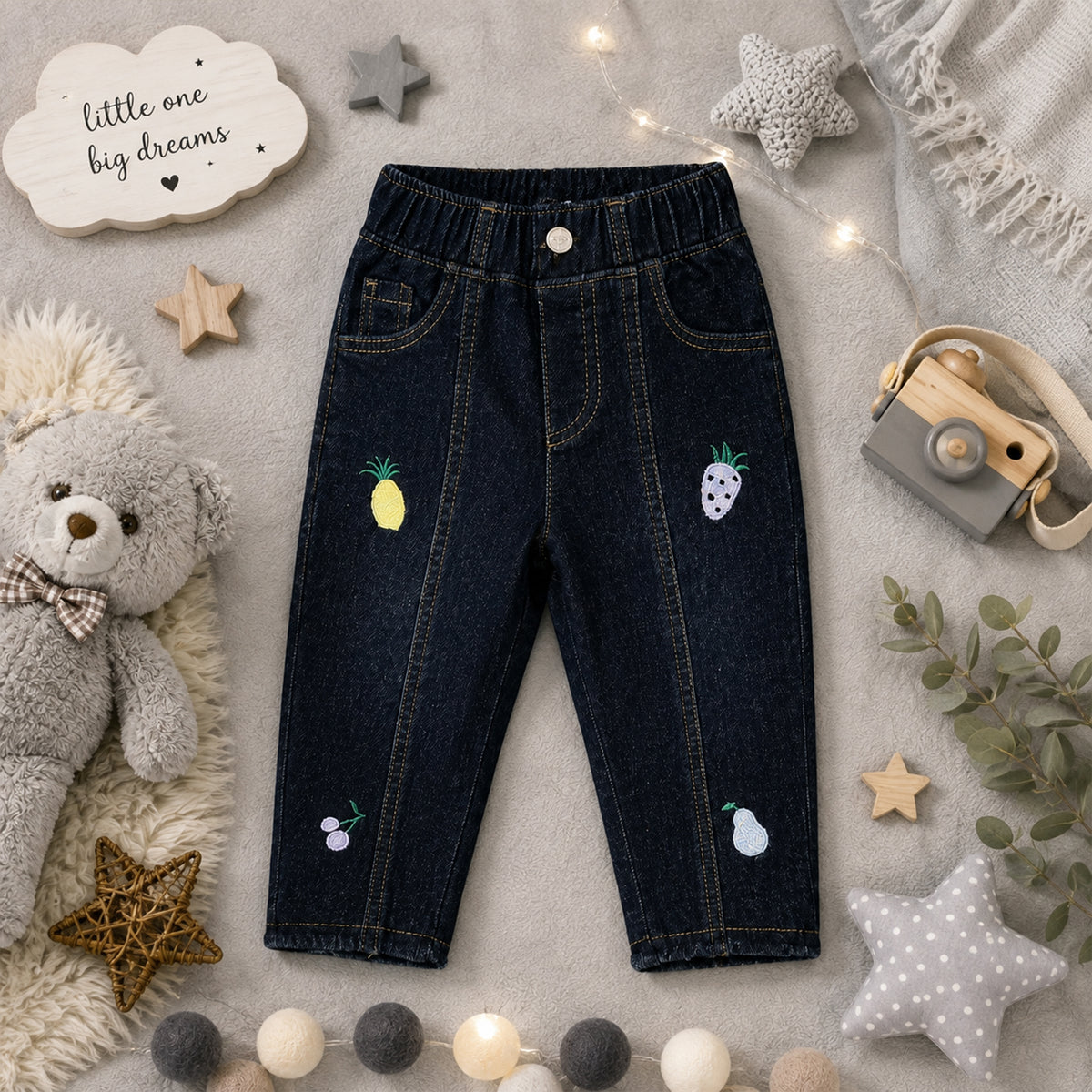 BABY GIRL DARK WASH FRUIT-EMBROIDERED JEANS