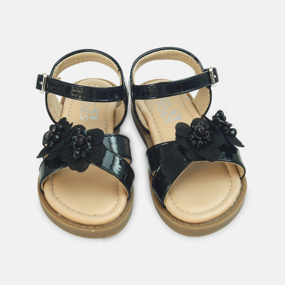 Girls Black Floral Sandals