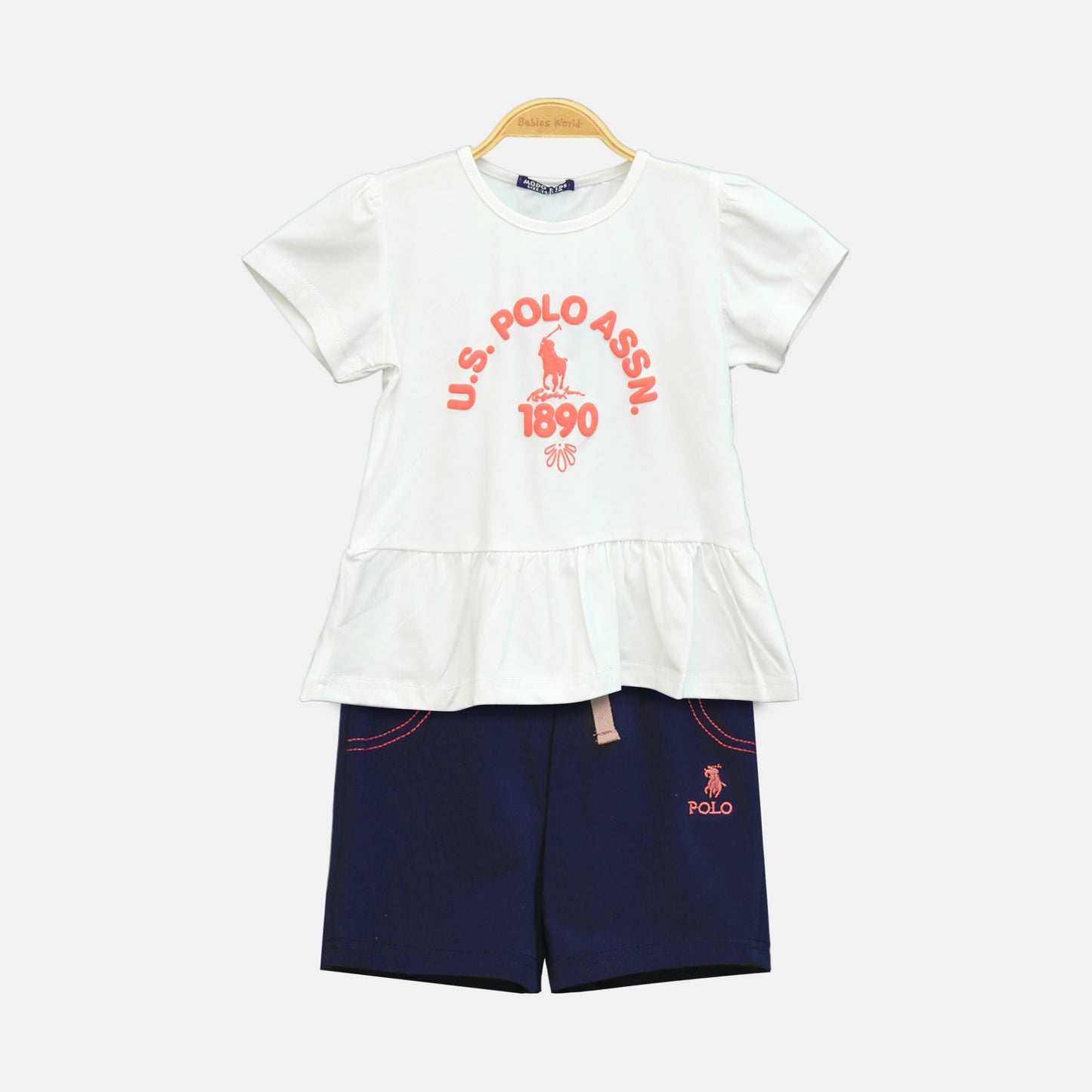 Girl’s White Polo Heritage Ruffle Top & Black Shorts Set