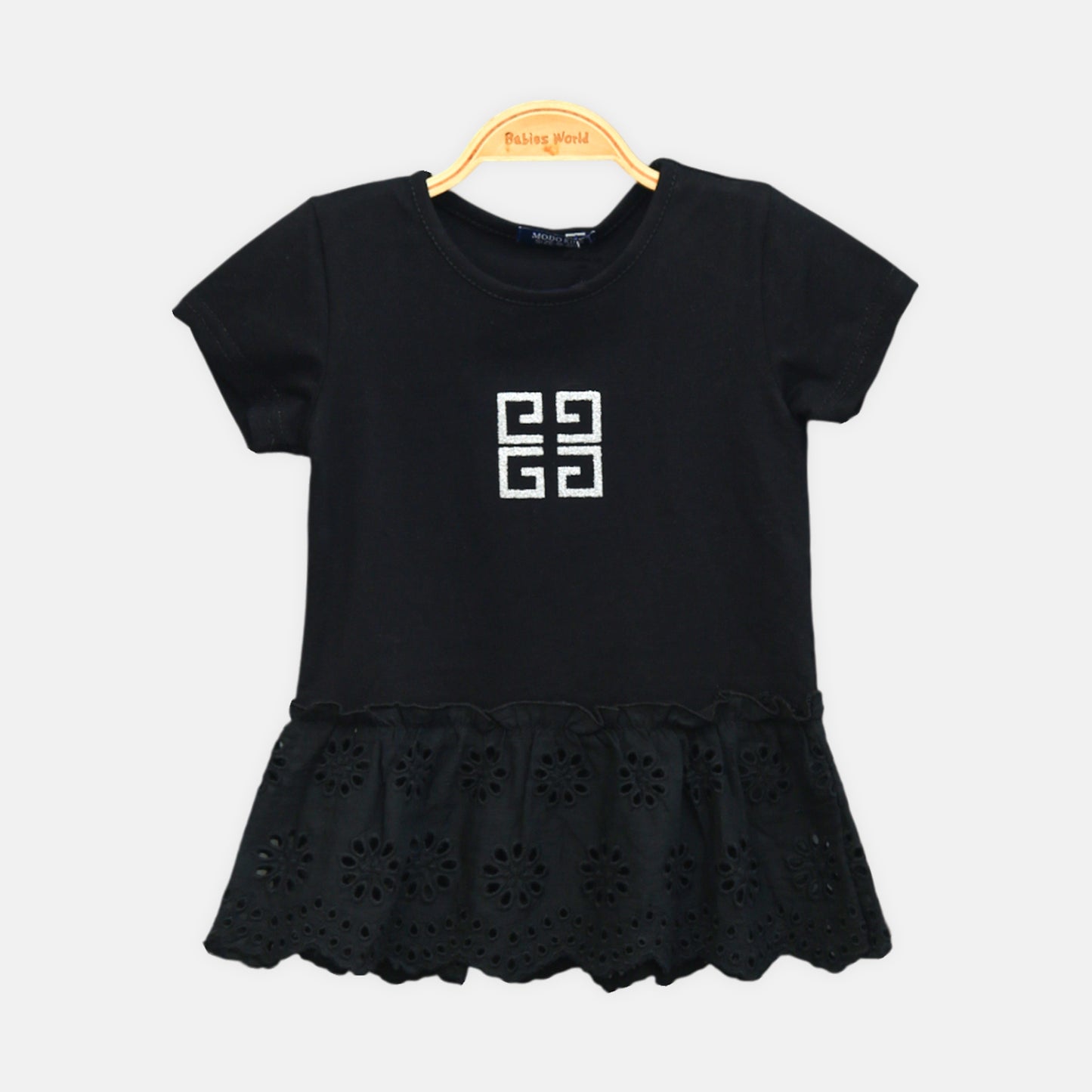 Girl’s Black Eyelet Ruffle Hem Top & White Shorts Set