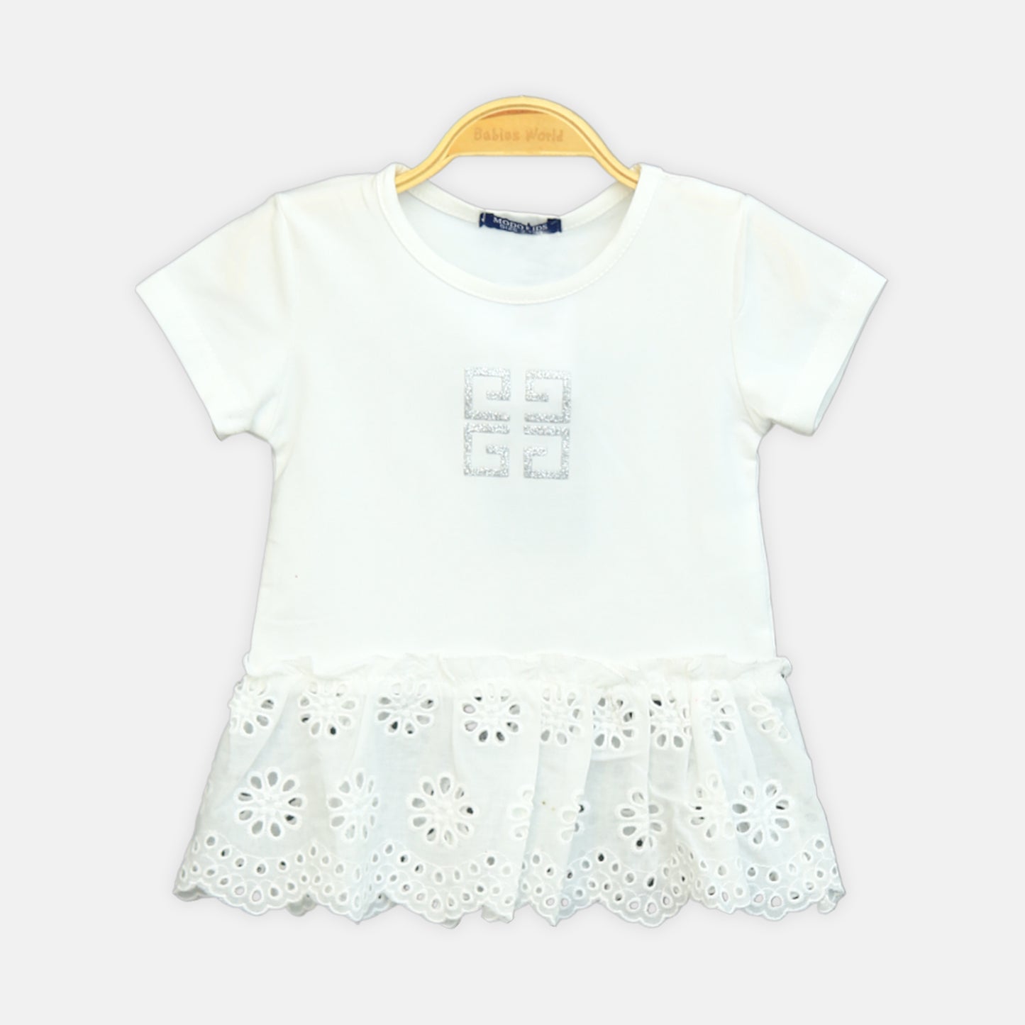 Girl’s White Eyelet Ruffle Hem Top & Grey Shorts Set