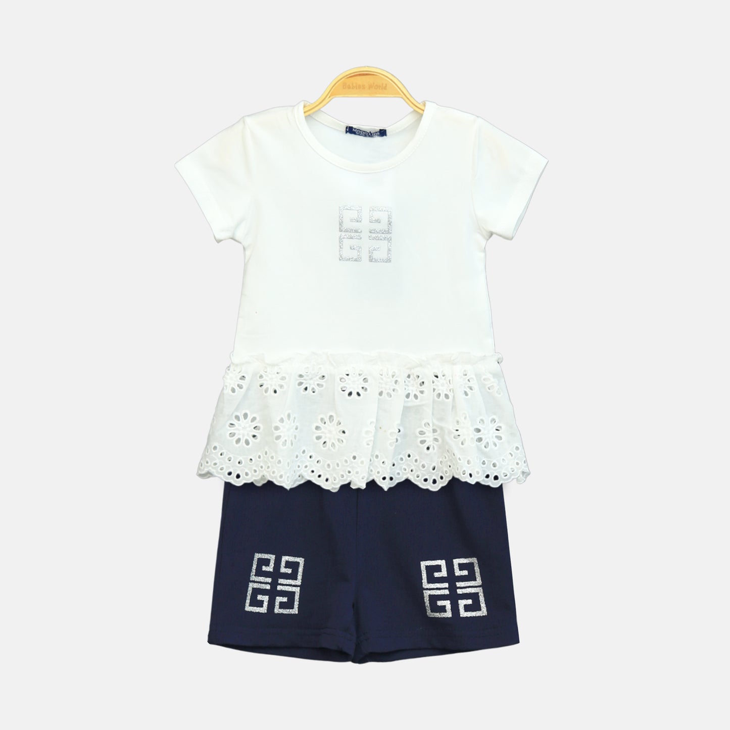 Girl’s White Eyelet Ruffle Hem Top & Grey Shorts Set
