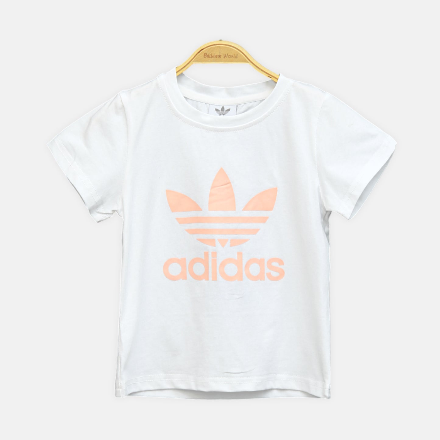 Girl’s White Sporty Trefoil Tee & Peach Striped Shorts Set