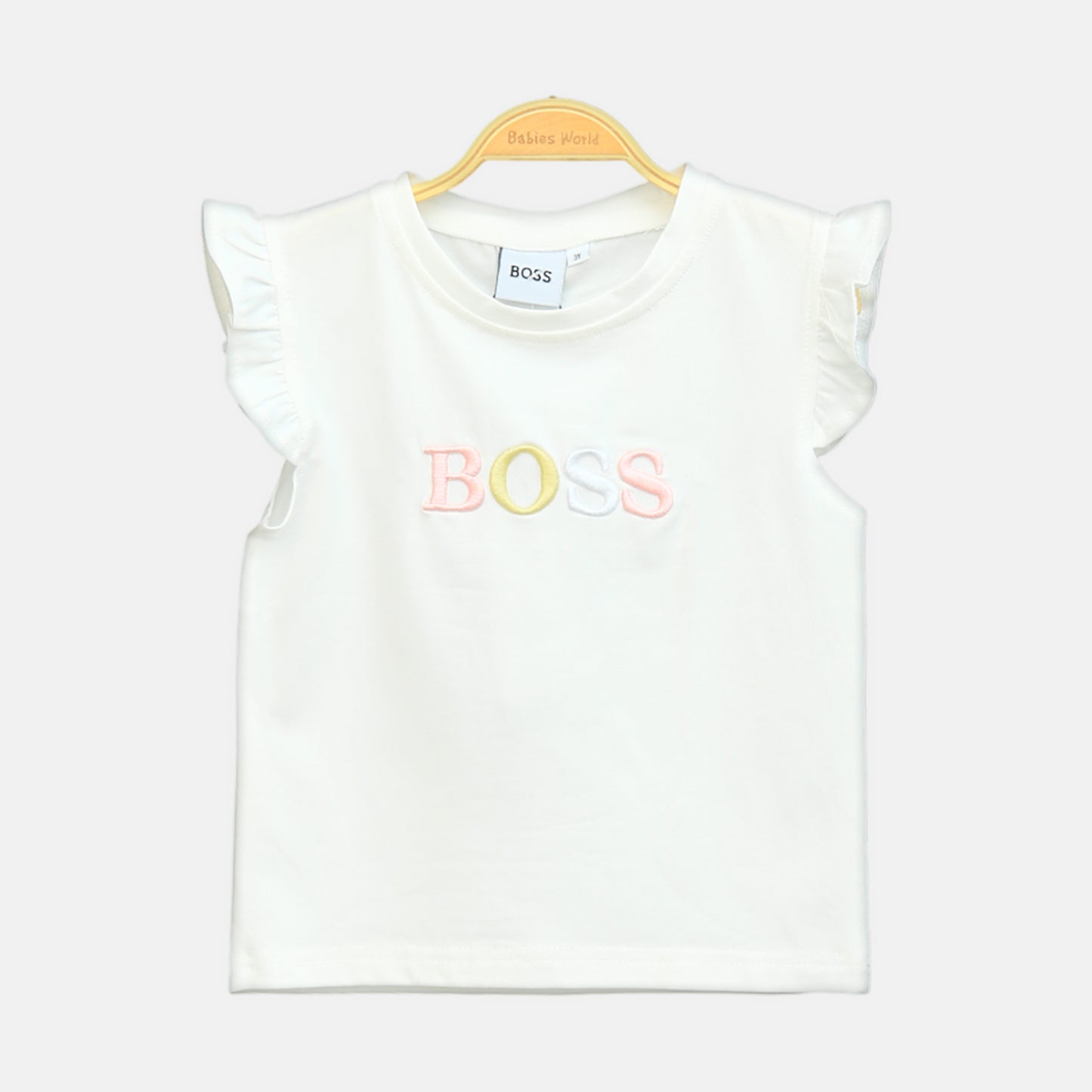 Girl's Off-White "BOSS" Ruffle Tee with Peach Shorts