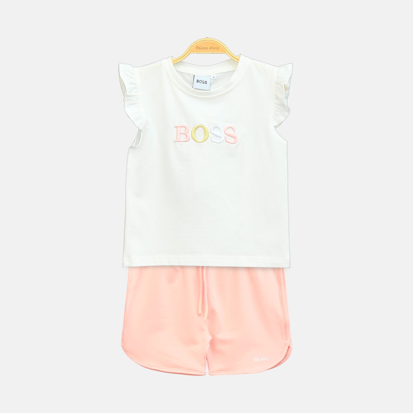 Girl's Off-White "BOSS" Ruffle Tee with Peach Shorts