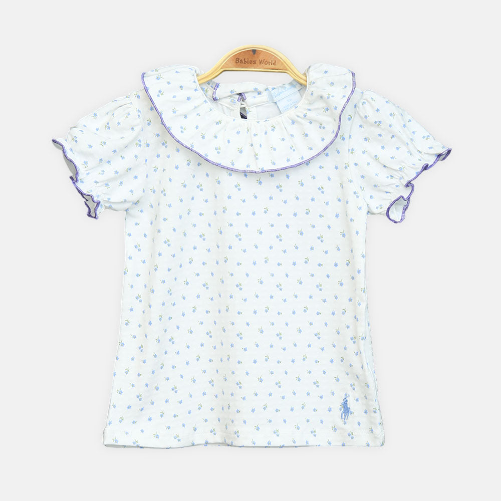 Girls White Blue-Printed Tee