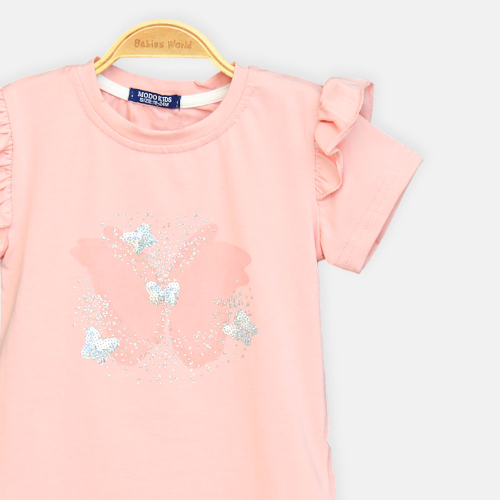 Girls Peach Butterfly Flutter-Sleeve Tee