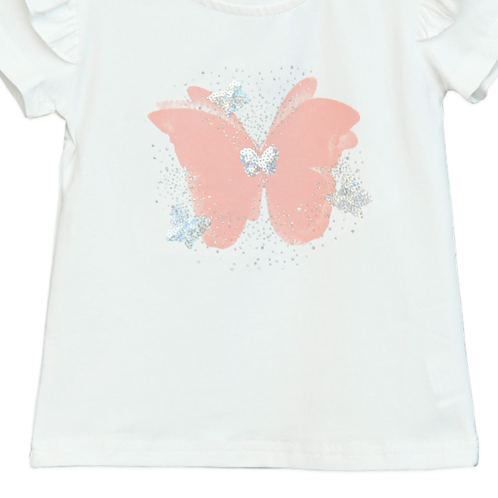 Girls White Butterfly Flutter-Sleeve Tee