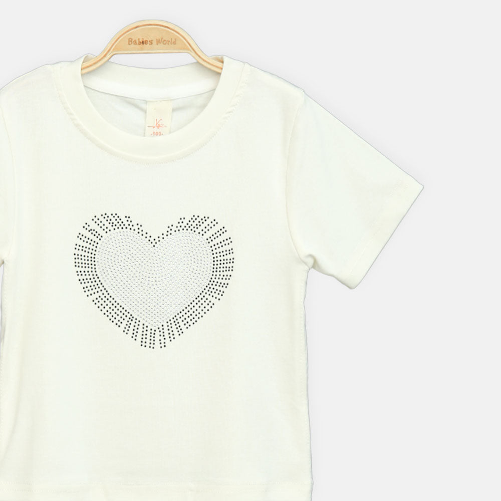 Girls Cream Rhinestone Burst Heart Tee