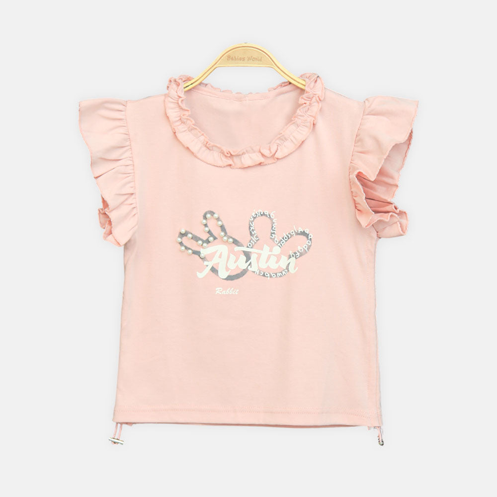 Girls Peach Pearl-Accent Ruffle Tee