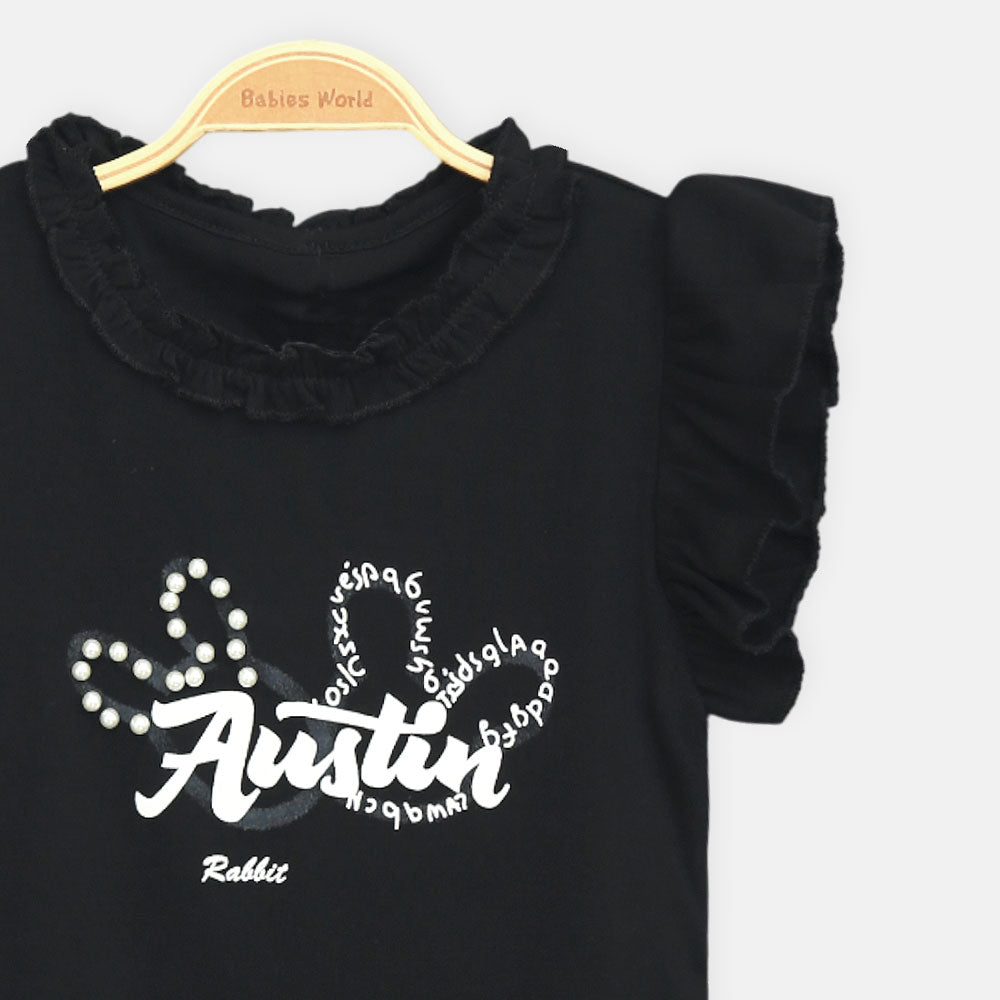Girls Black Pearl-Accent Ruffle Tee