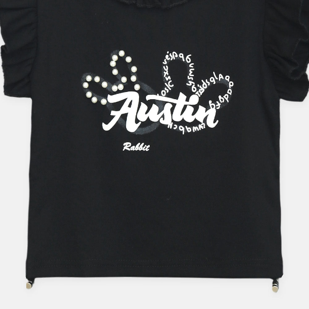 Girls Black Pearl-Accent Ruffle Tee