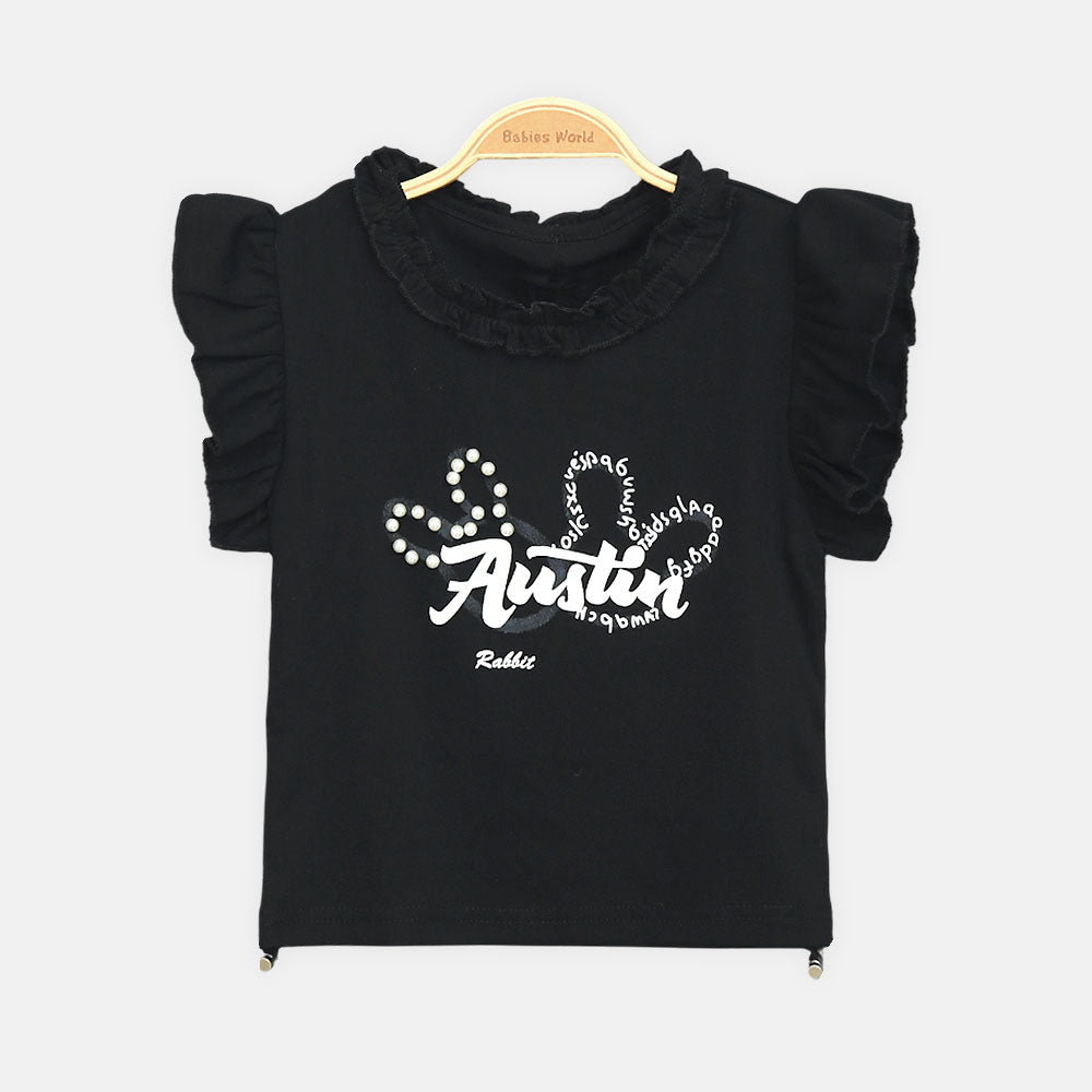Girls Black Pearl-Accent Ruffle Tee
