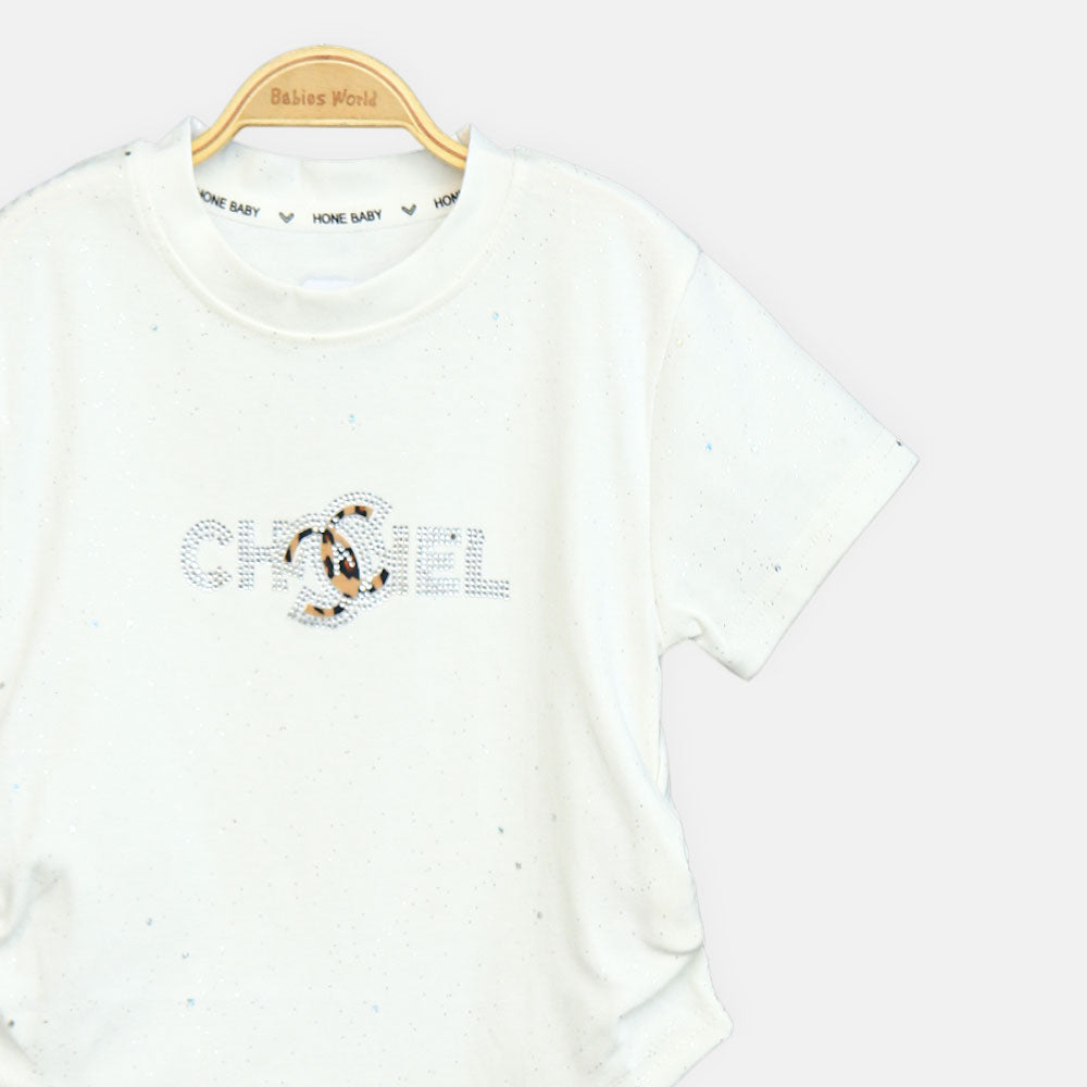 Girls Cream Rhinestone Logo Tee