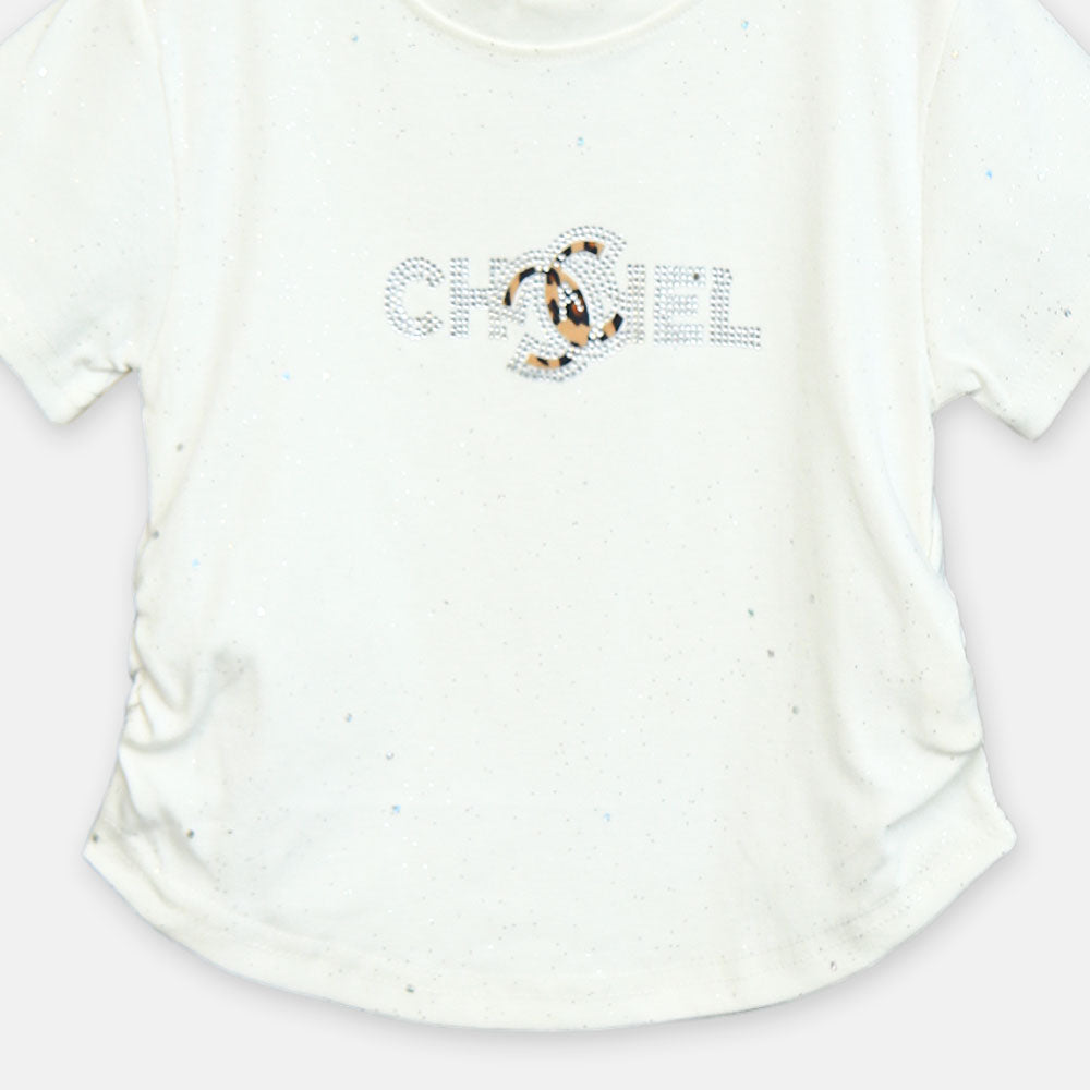 Girls Cream Rhinestone Logo Tee
