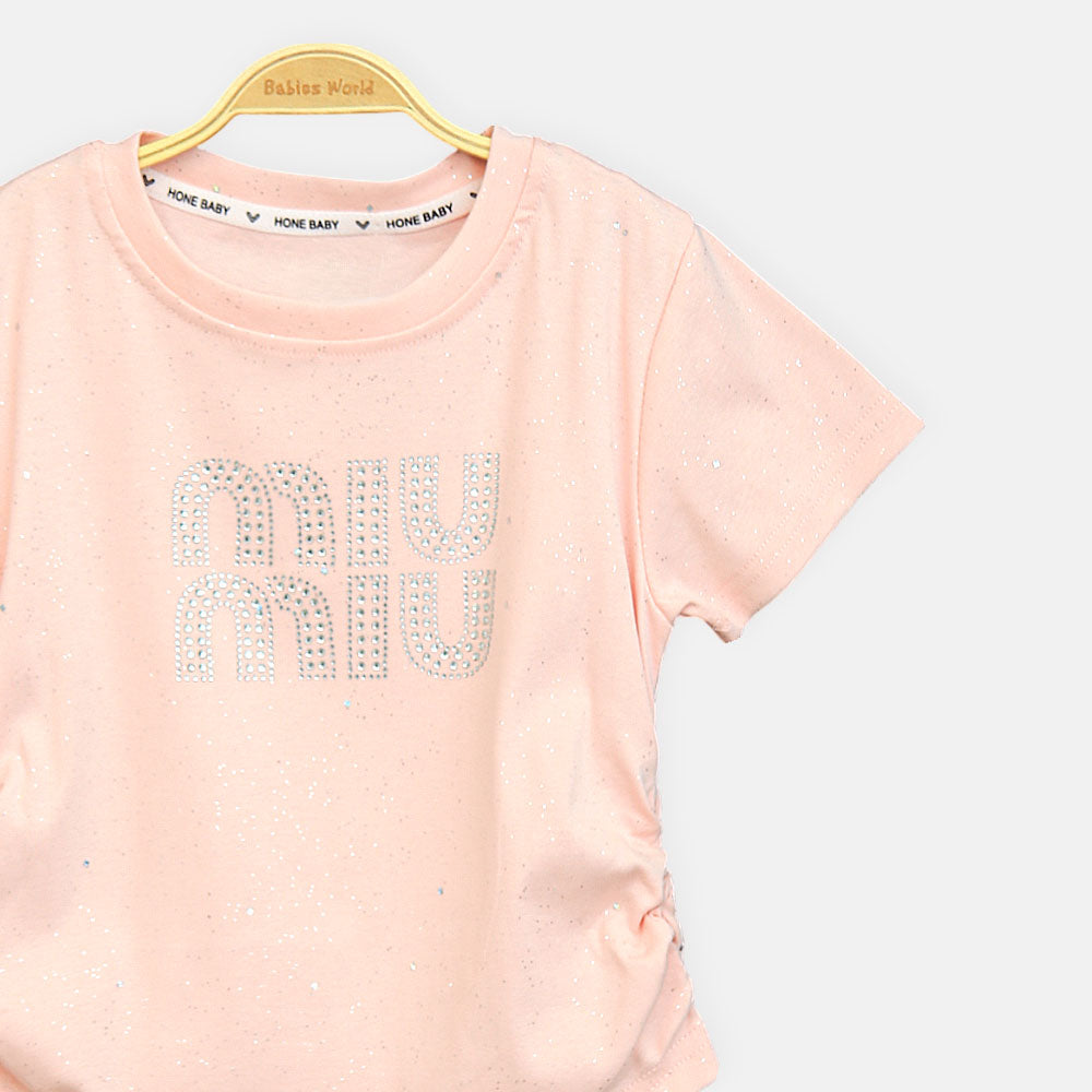 Girls Peach Miu Miu Inspired Rhinestone Tee