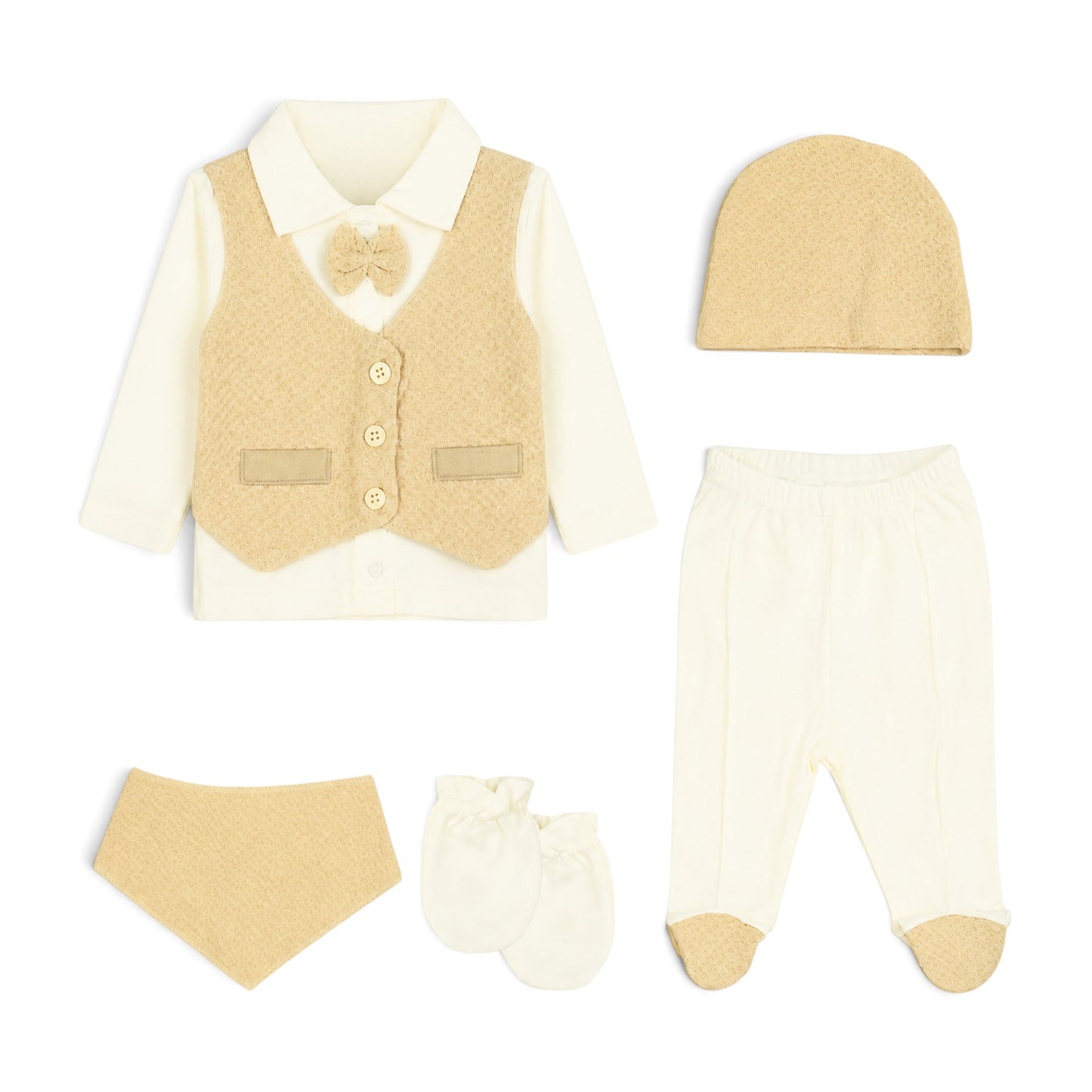 CREAM AND BEIGE VEST-STYLE BABY BOY GIFT SET