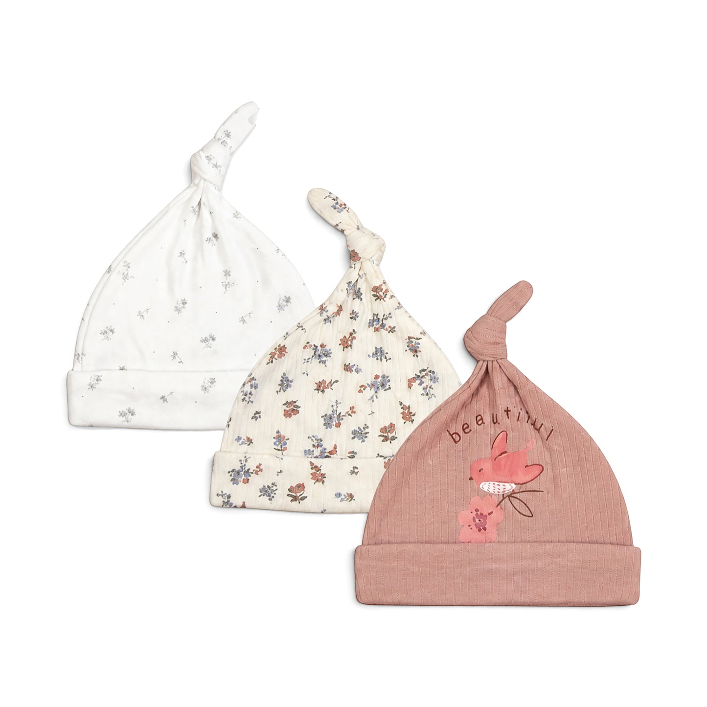KNOTTED FLORAL BABY CAPS PK-3