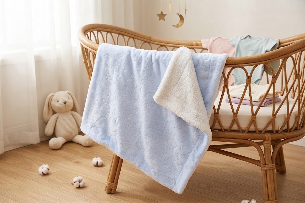 LIGHT BLUE CLOUD, MOON & STAR EMBOSSED WITH SHERPA BACKING BLANKET