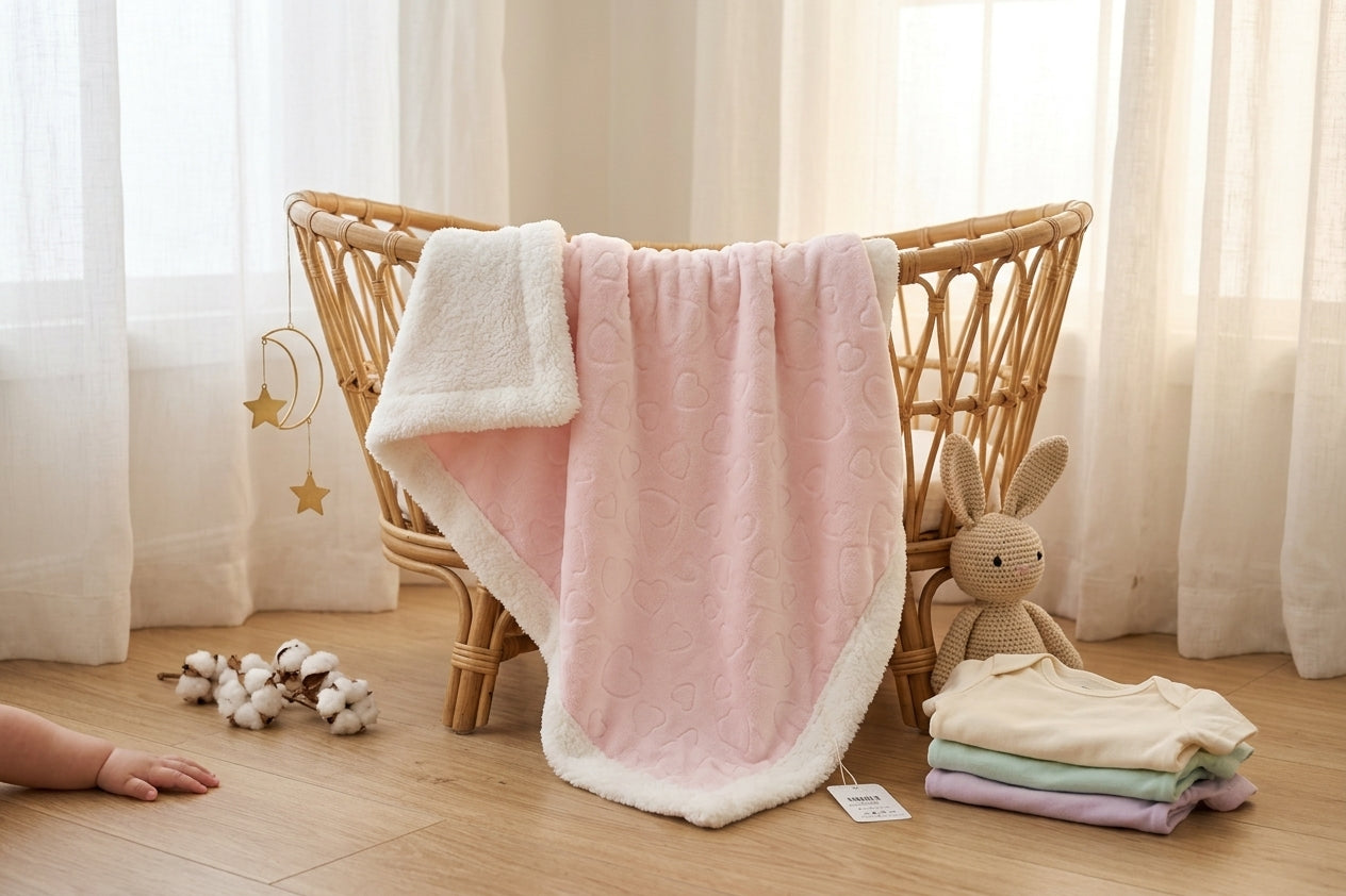 DUSTY PINK EMBOSSED HEART WITH WHITE SHERPA BORDER BLANKET