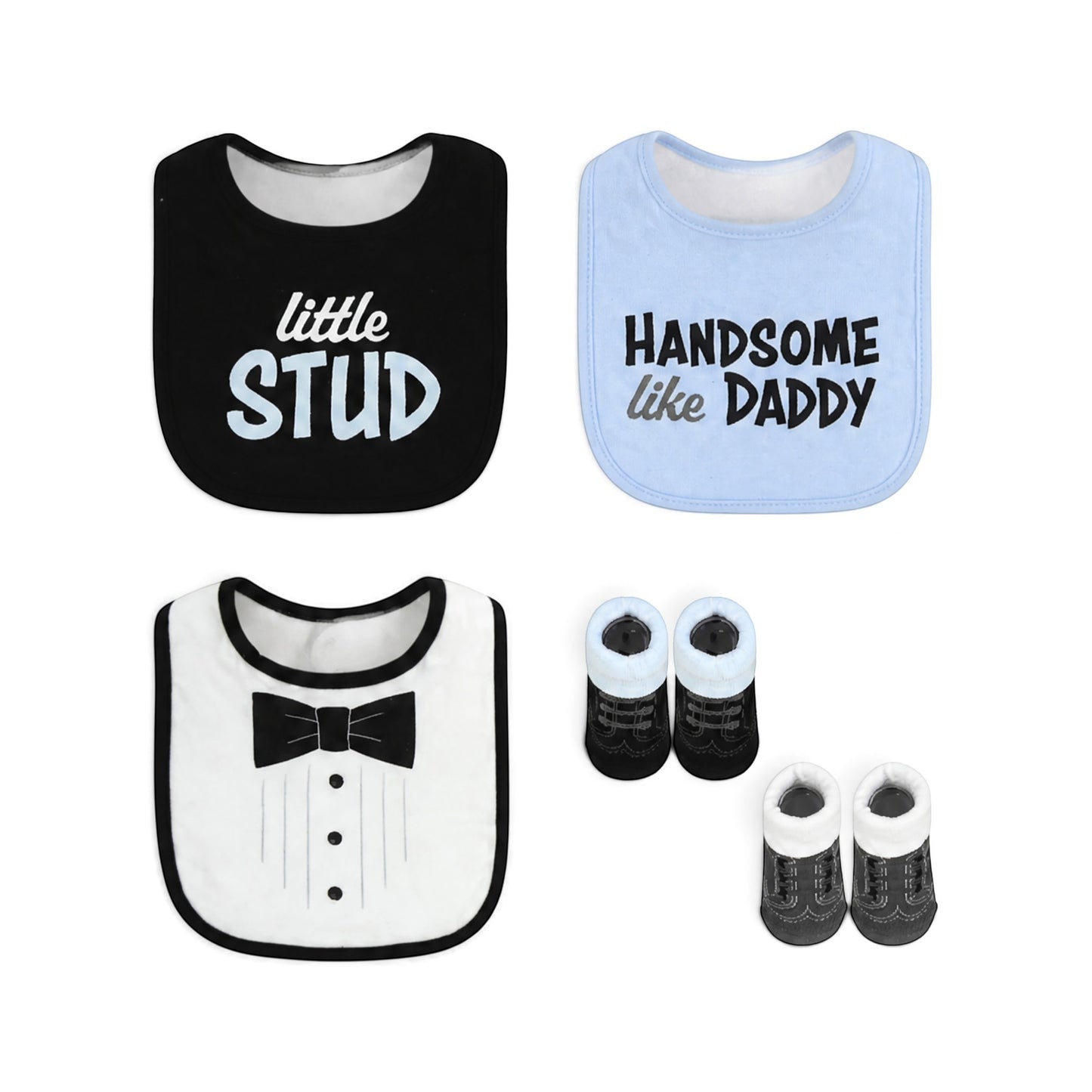 "LITTLE STUD" INFANT BIBS PK-3 & 2 BOOTIES