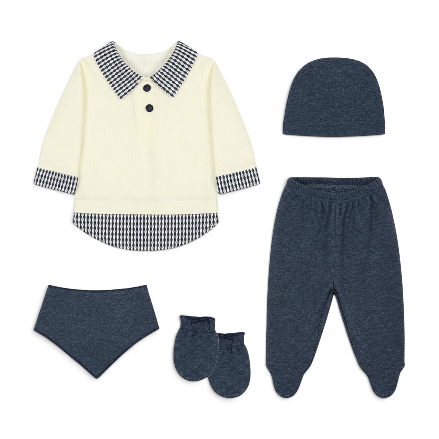 CREAM AND DENIM BLUE PATTERNED COLLAR BABY BOY GIFT SET