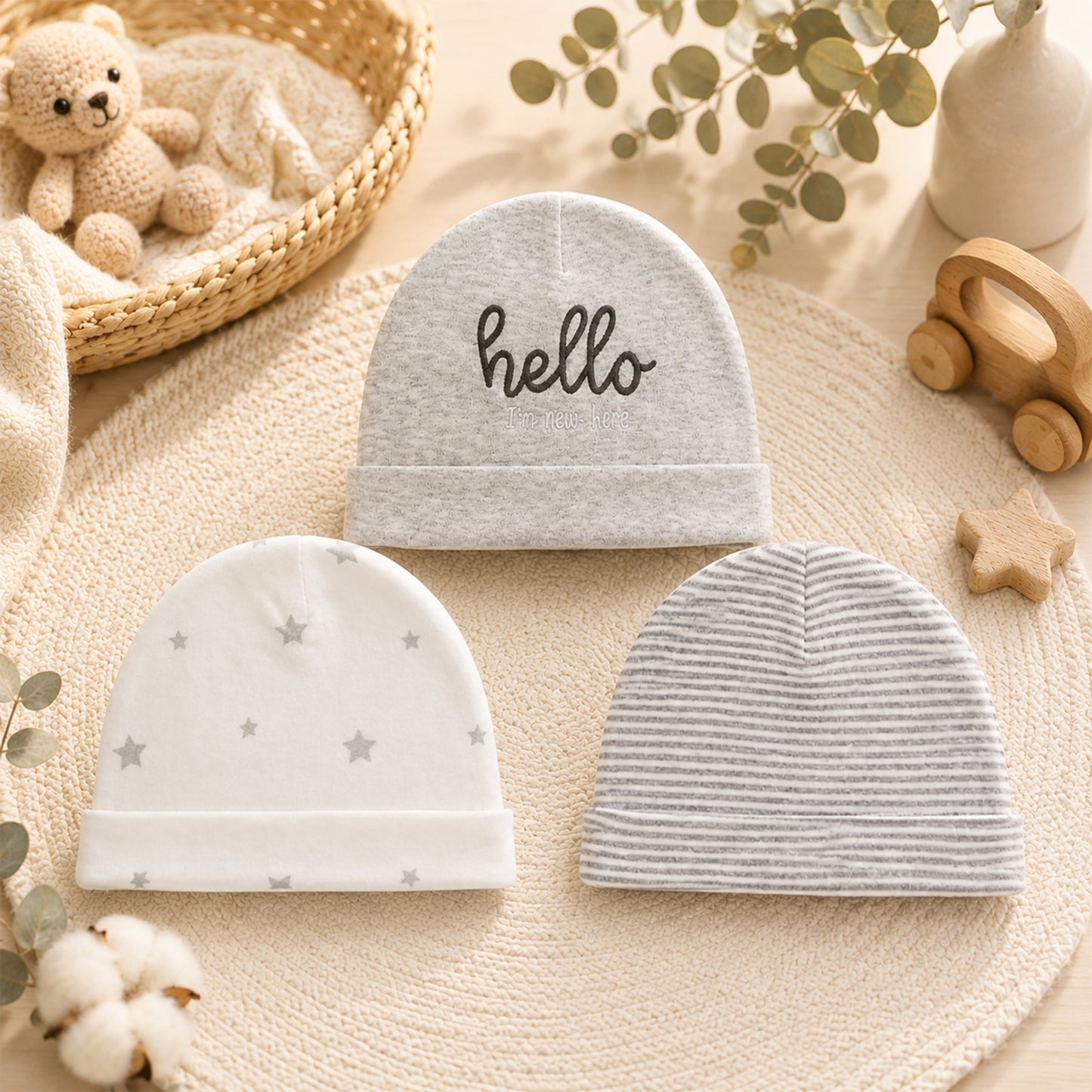 STAR AND HELLO INFANT BABY CAPS PK-3
