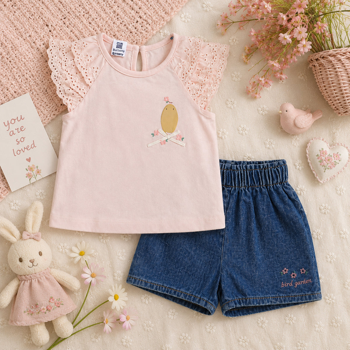 PINK LACE-SLEEVE AND "BIRD GARDEN" DENIM SHORTS BABY GIRL OUTFIT