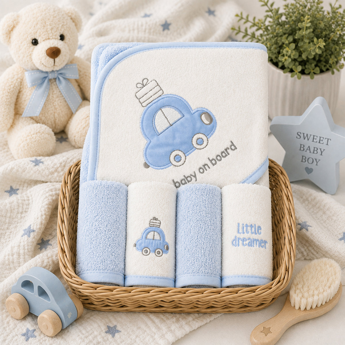 BLUE CAR THEME BATH TOWEL WITH 4 FACE TOWELS