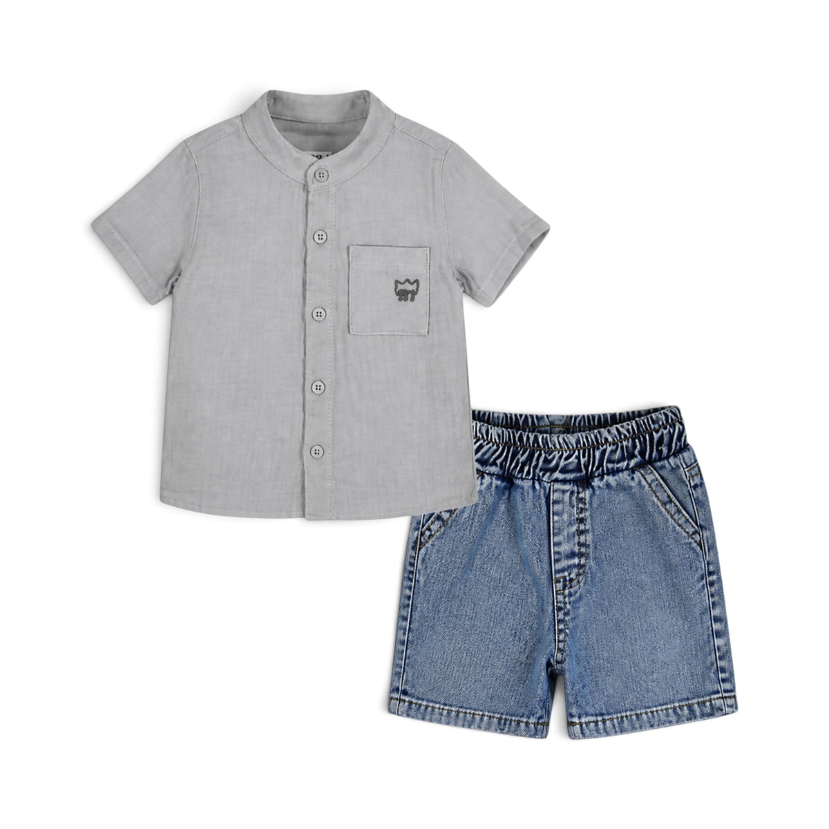 GREY MUSLIN SHIRT AND BLUE DENIM SHORTS BABY BOY OUTFIT