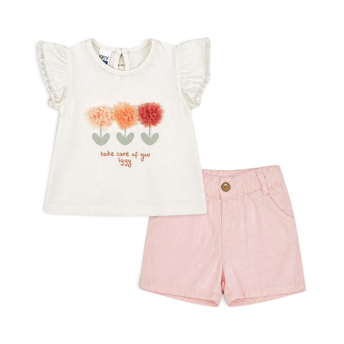 WHITE "TAKE CARE OF YOU IGGY" AND PINK SHORTS BABY GIRL OUTFIT