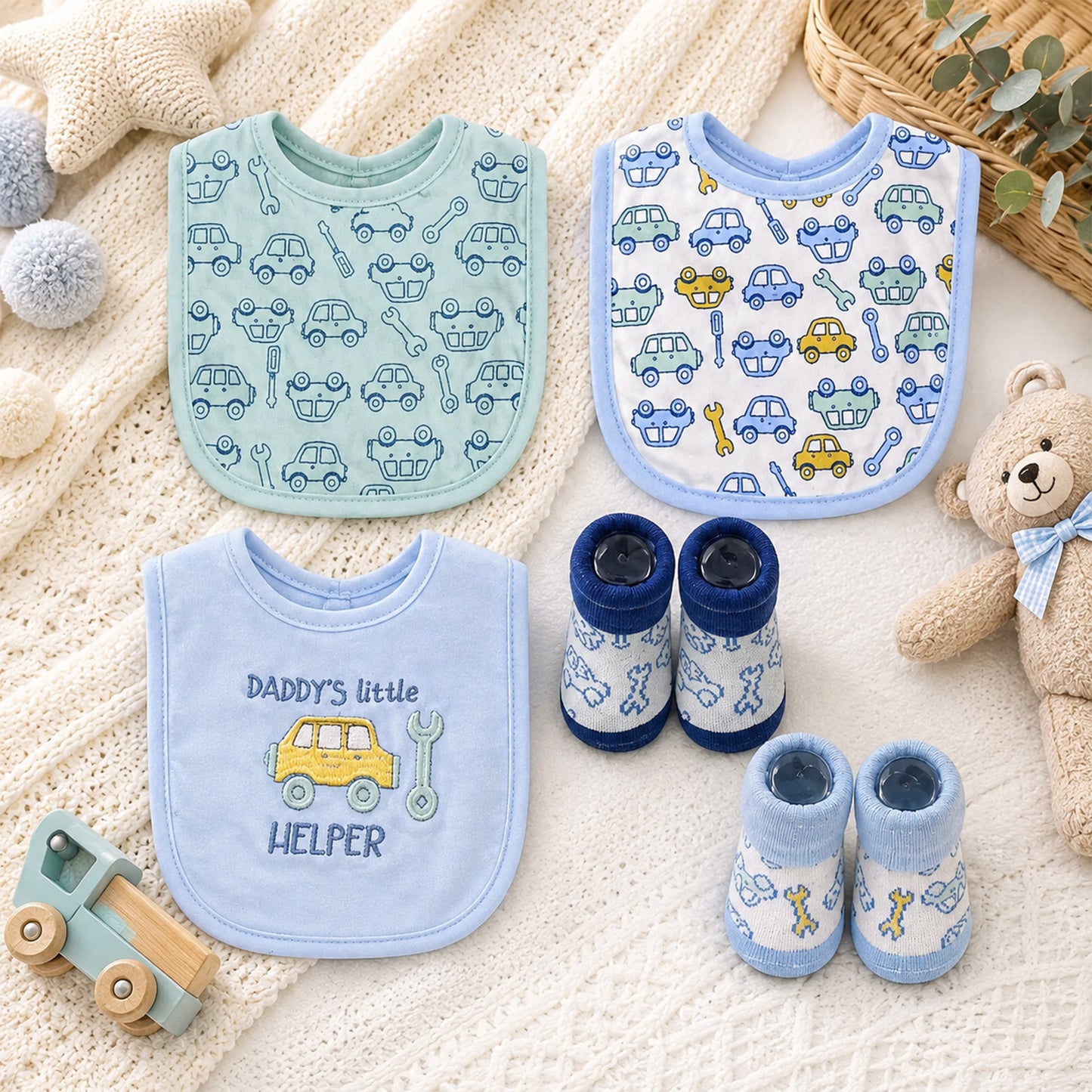 CAR-THEMED INFANT BIBS PK-3 & 2 BOOTIES