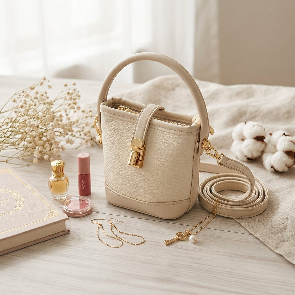 Chic White And Neutral Bucket Bag